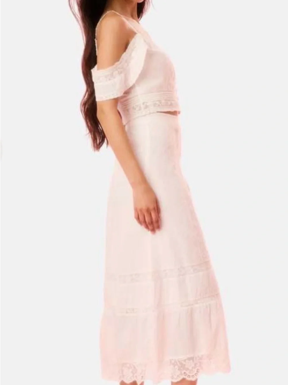 LoveShackFancy Alessia White Button-Front Maxi Skirt Elegant Lace Panel size 00
